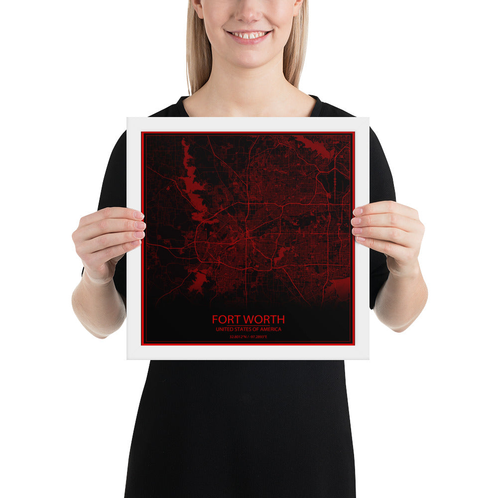 Fort Worth Black and Red Framed Map