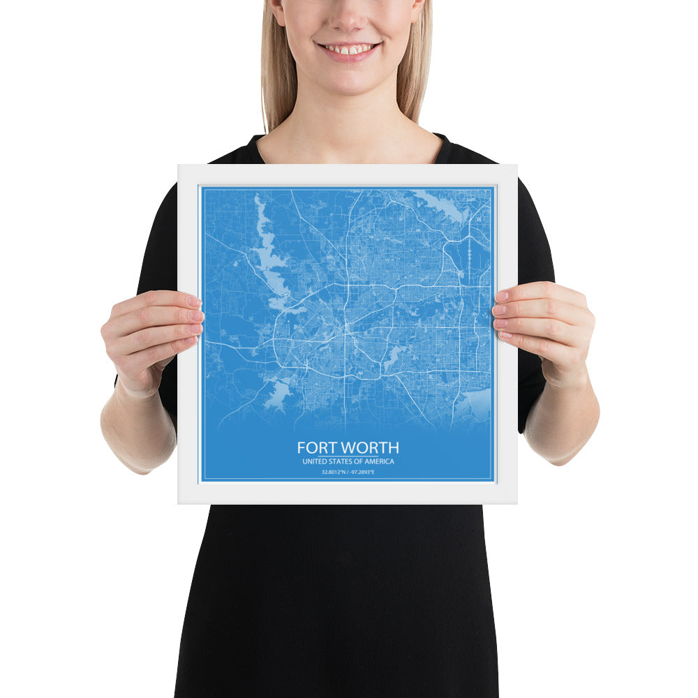 Fort Worth Blue and White Framed Map