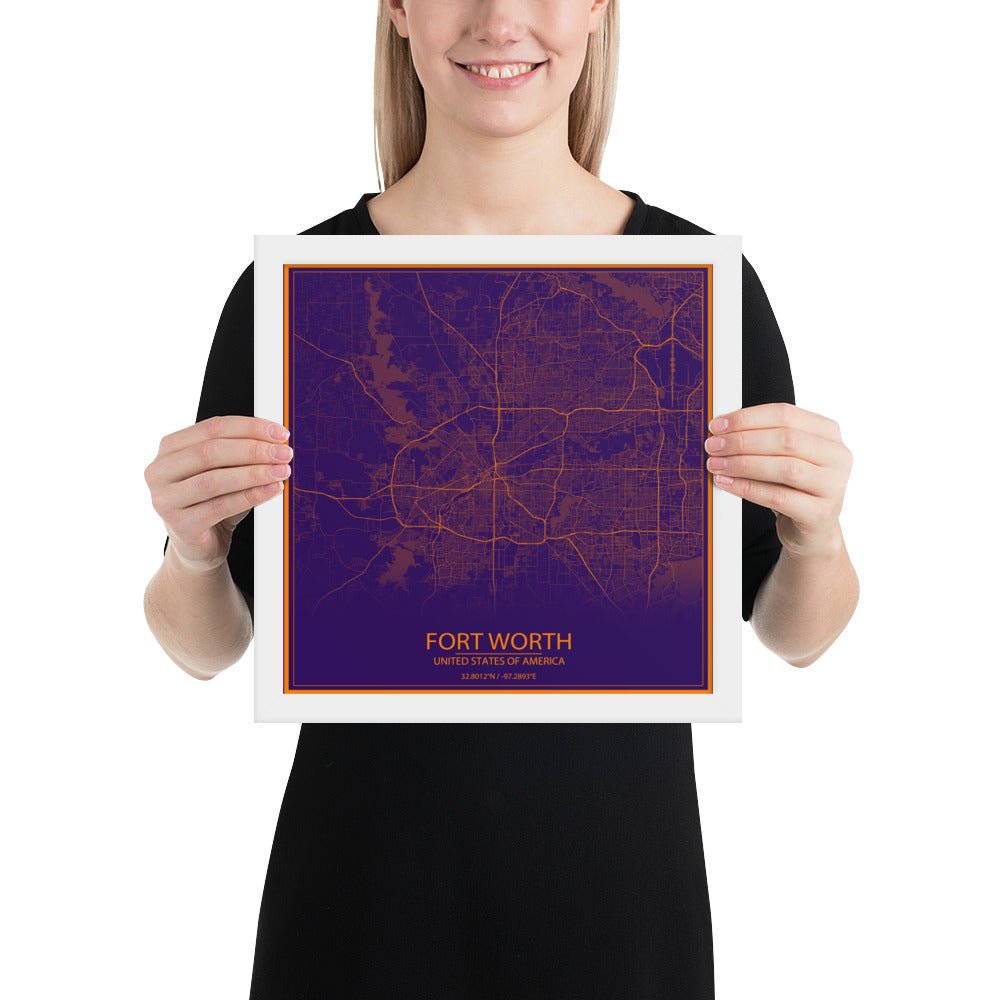 Fort Worth Purple and Orange Framed Map