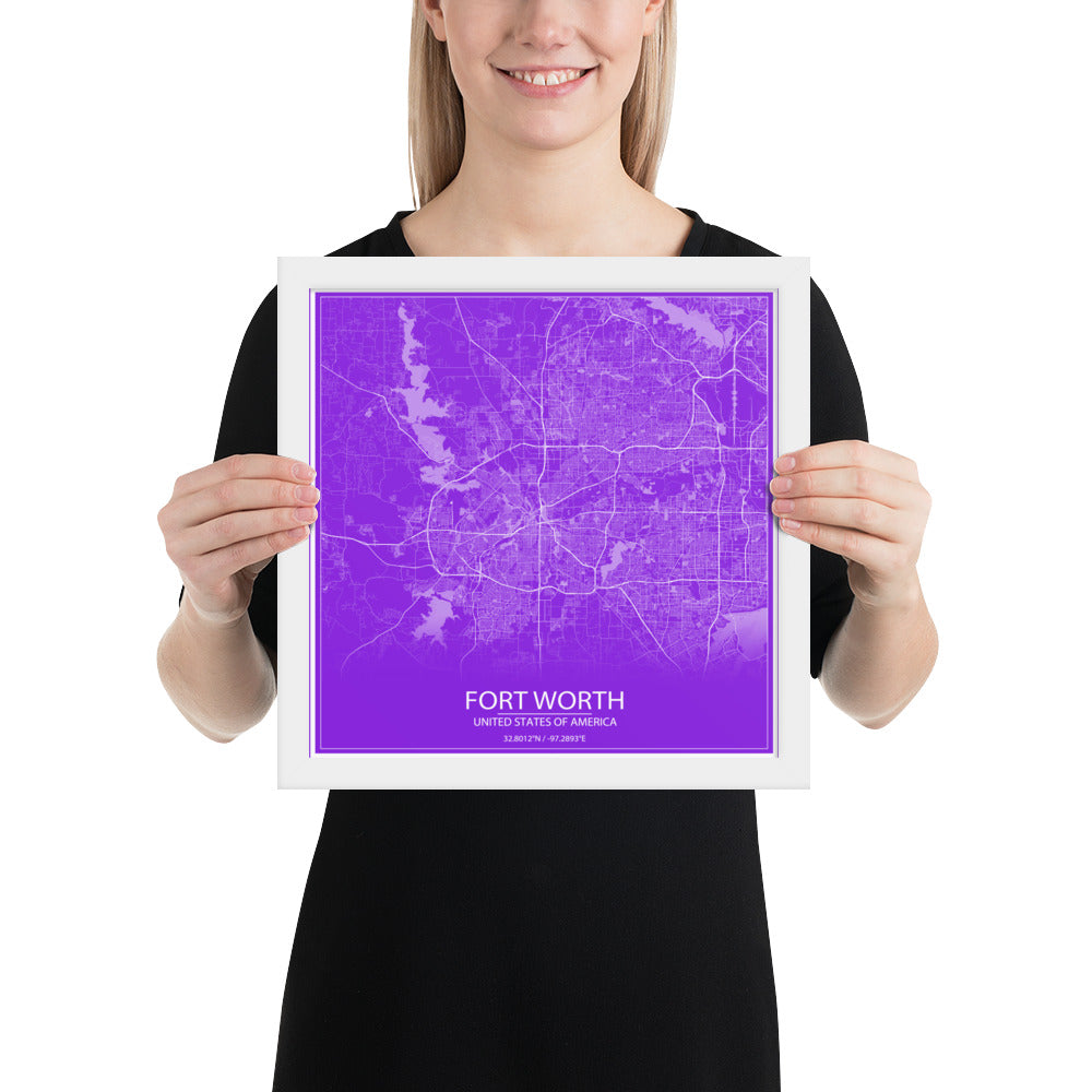 Fort Worth Purple and White Framed Map