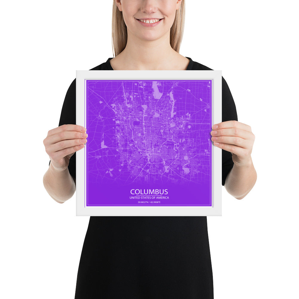 Columbus Purple and White Framed Map