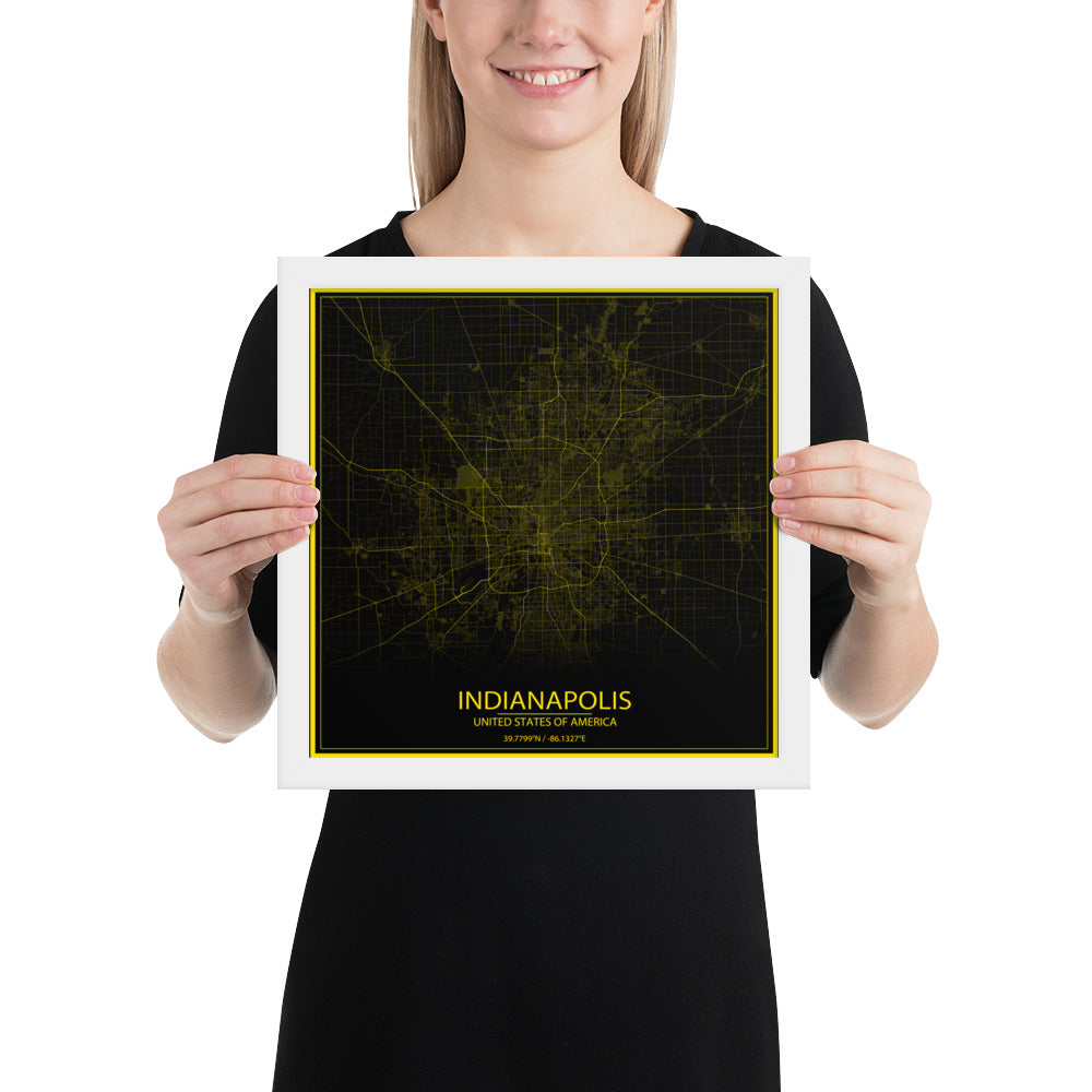 Indianapolis Black and Yellow Framed Map