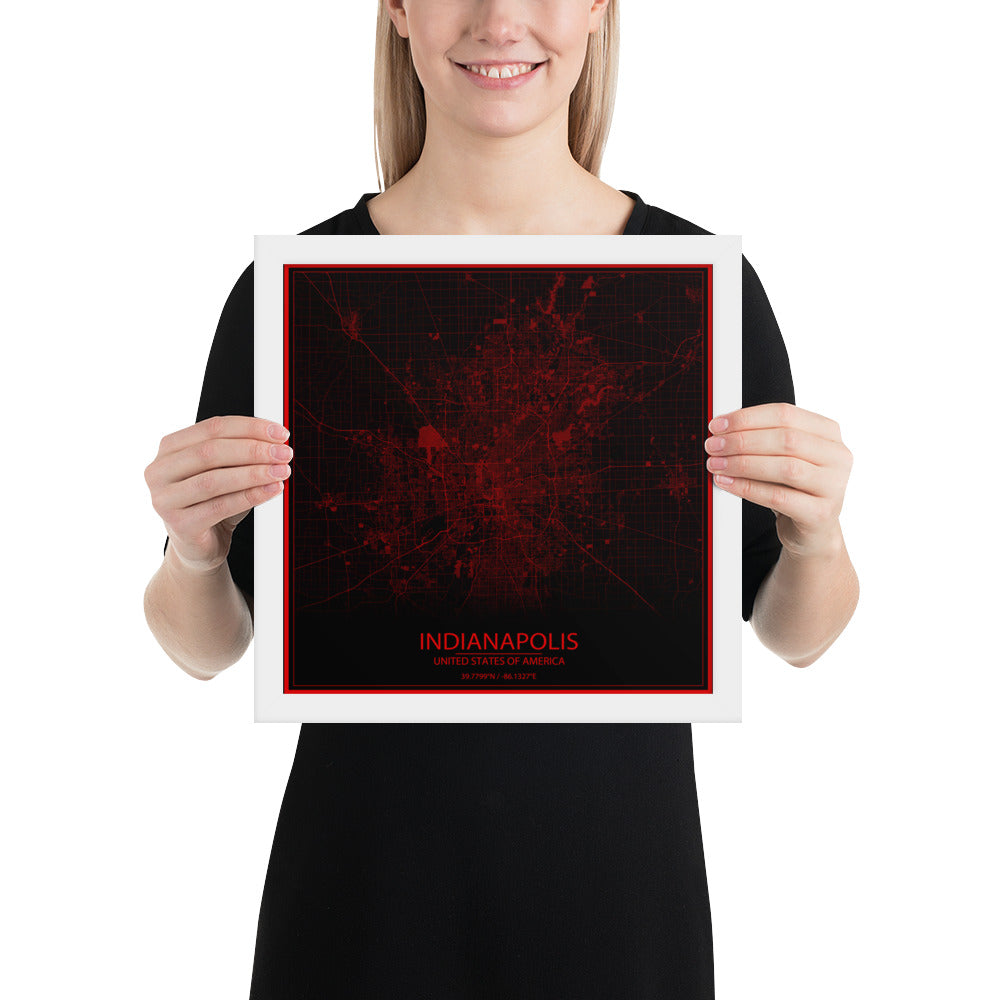 Indianapolis Black and Red Framed Map