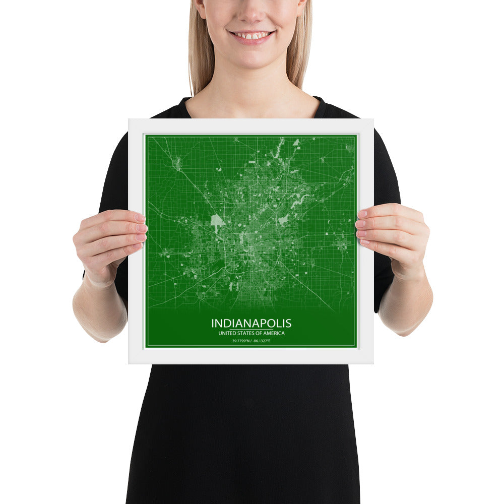 Indianapolis Green and White Framed Map