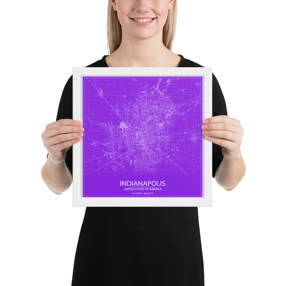 Indianapolis Purple and White Framed Map