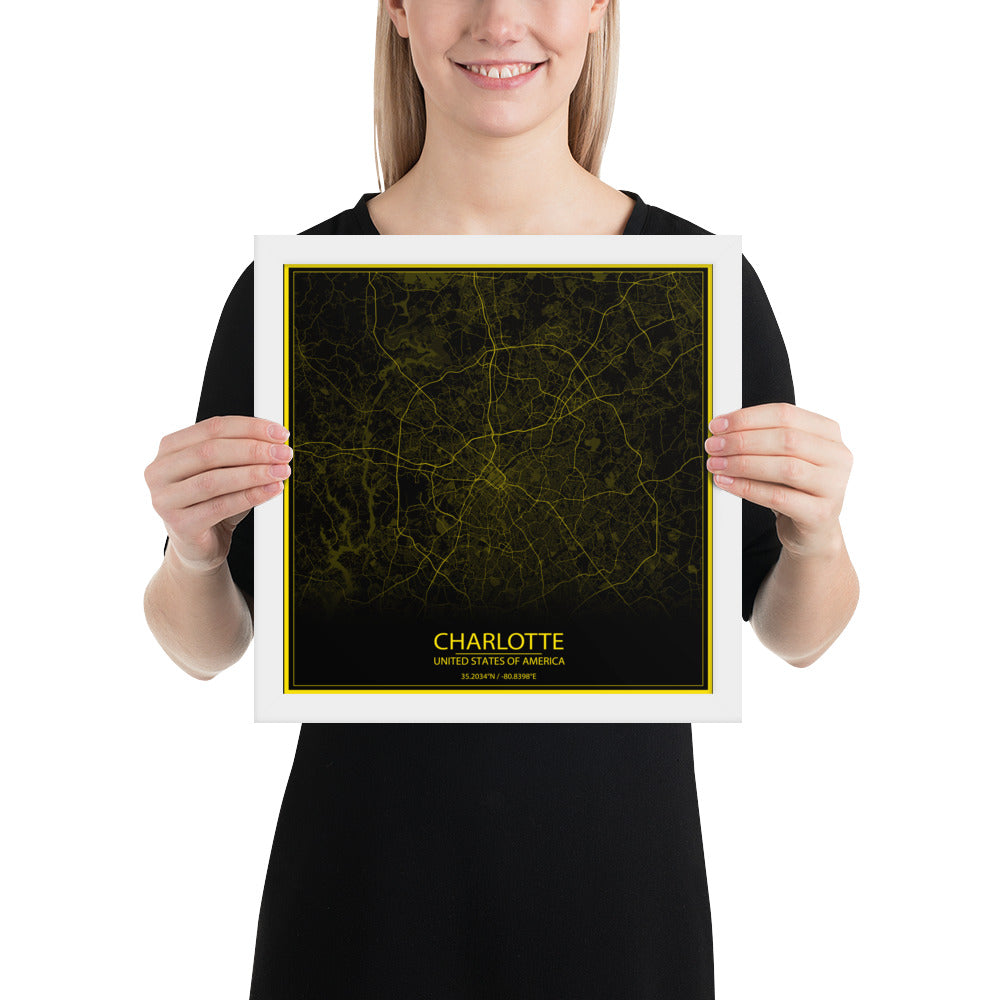 Charlotte Black and Yellow Framed Map