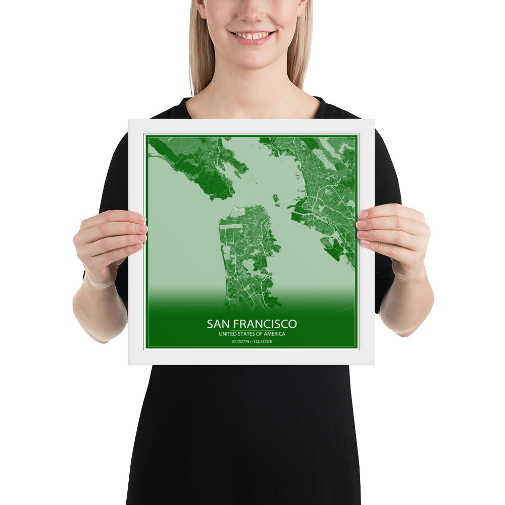 San Francisco Green and White Framed Map