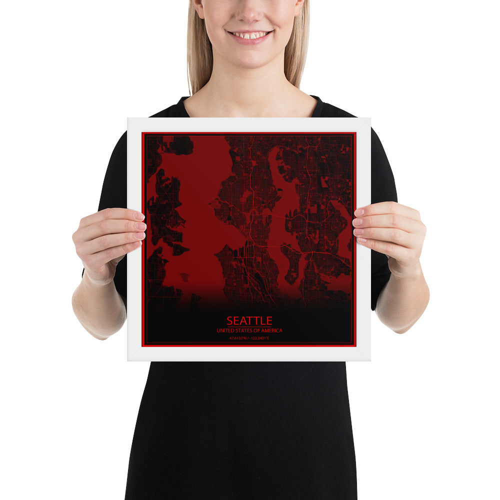 Seattle Black and Red Framed Map