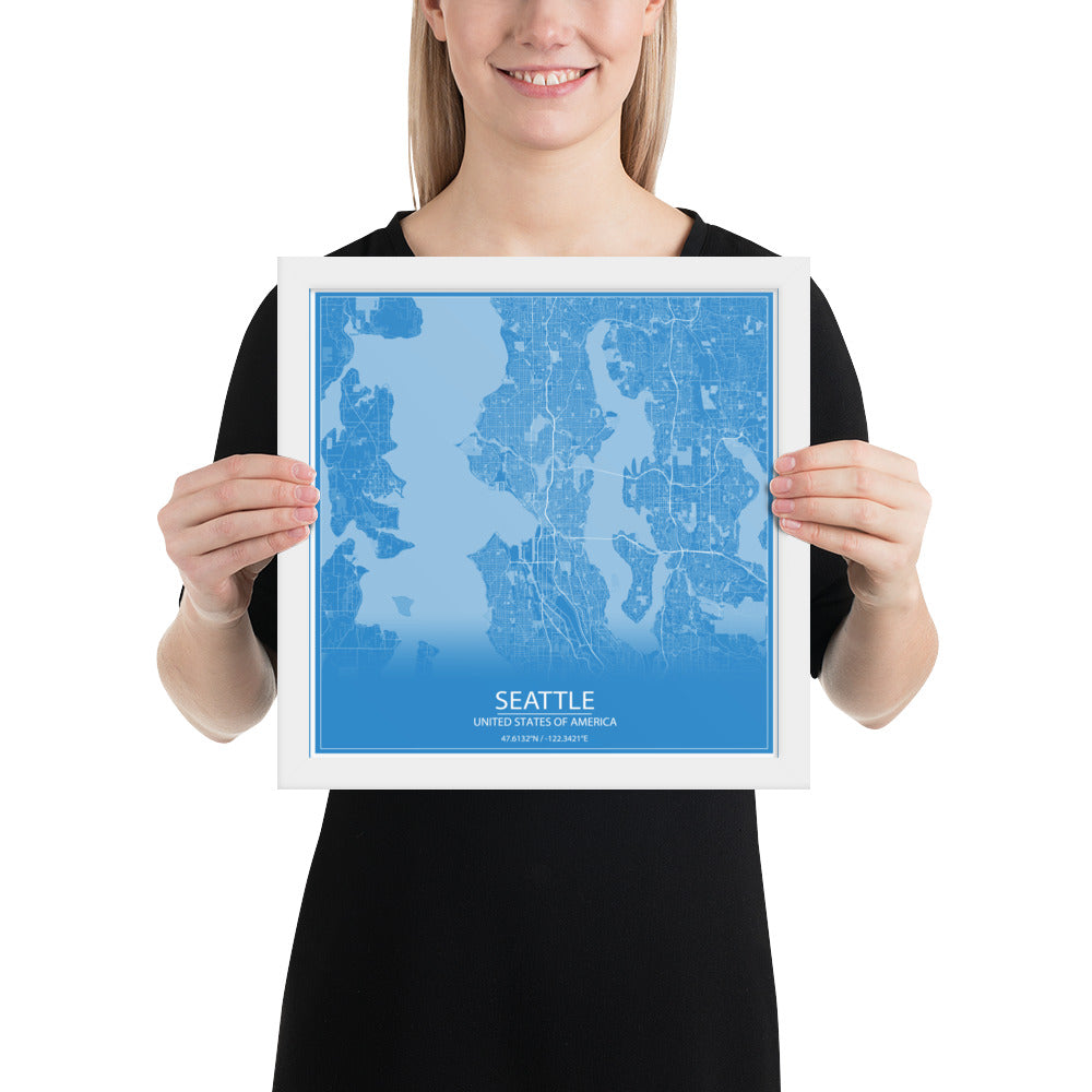 Seattle Blue and White Framed Map