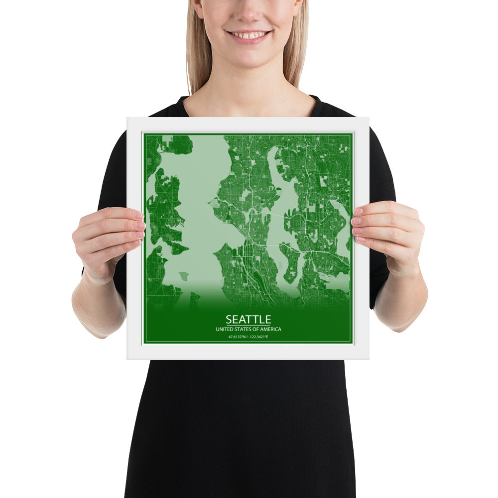 Seattle Green and White Framed Map