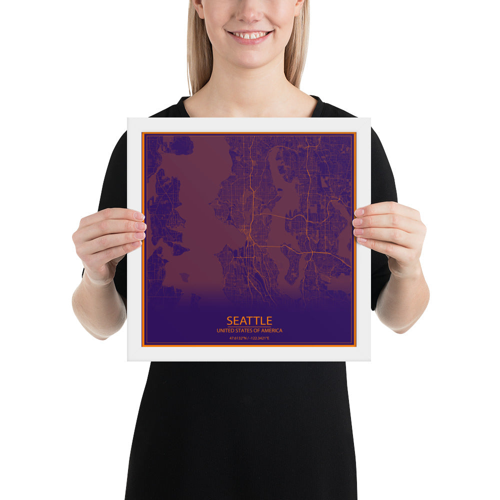 Seattle Purple and Orange Framed Map