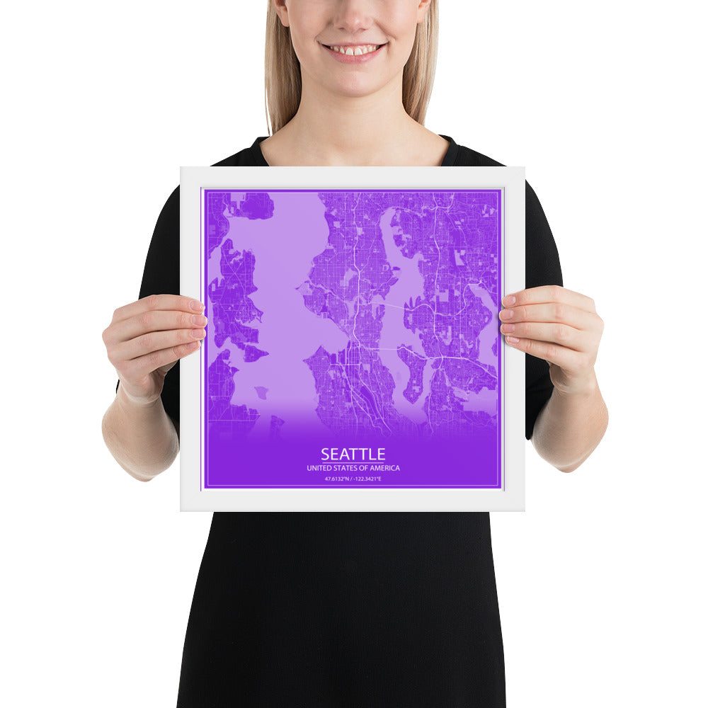 Seattle Purple and White Framed Map