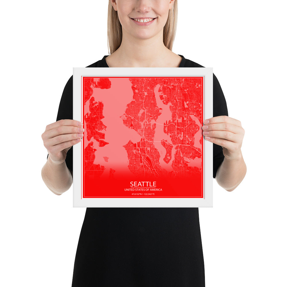 Seattle Red and White Framed Map