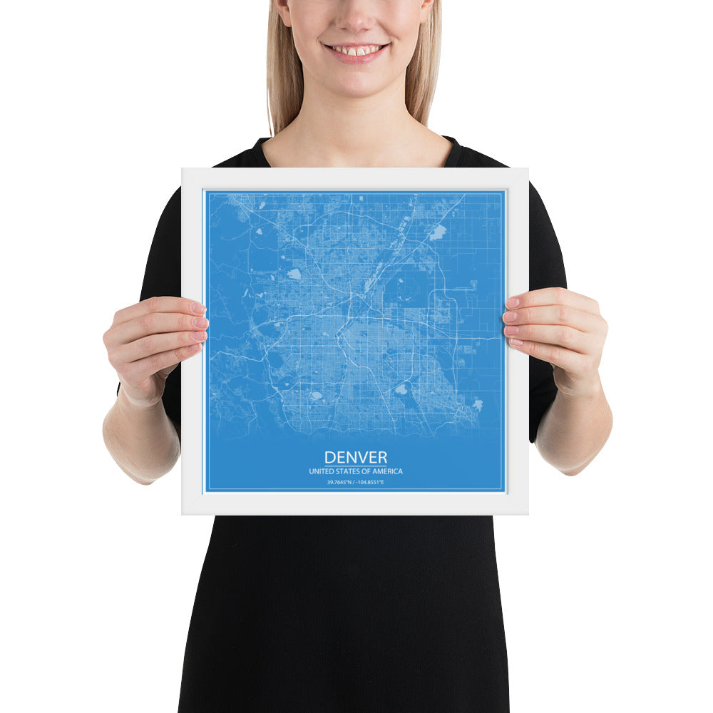 Denver Blue and White Framed Map