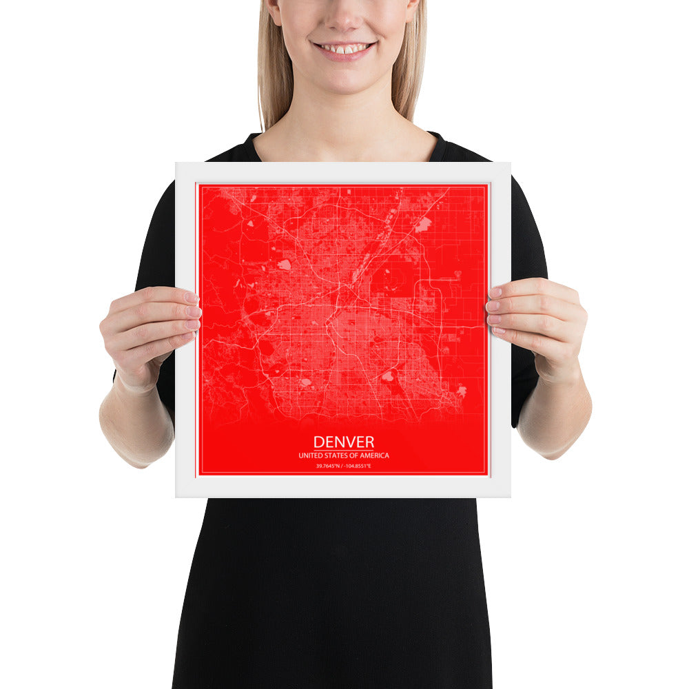 Denver Red and White Framed Map