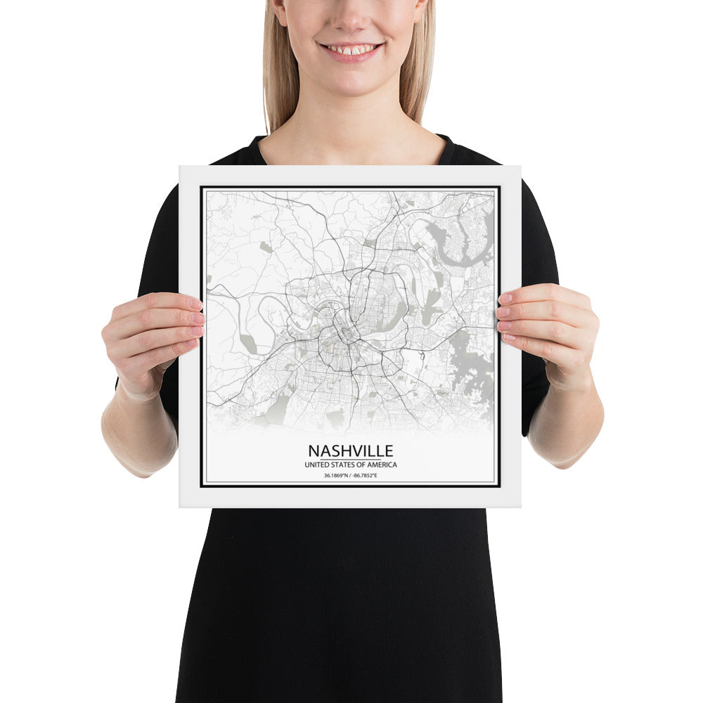 Nashville White Framed Map