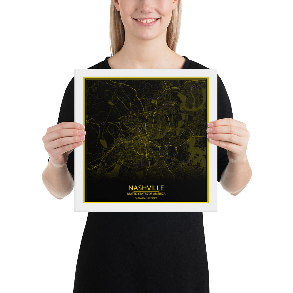 Nashville Black and Yellow Framed Map