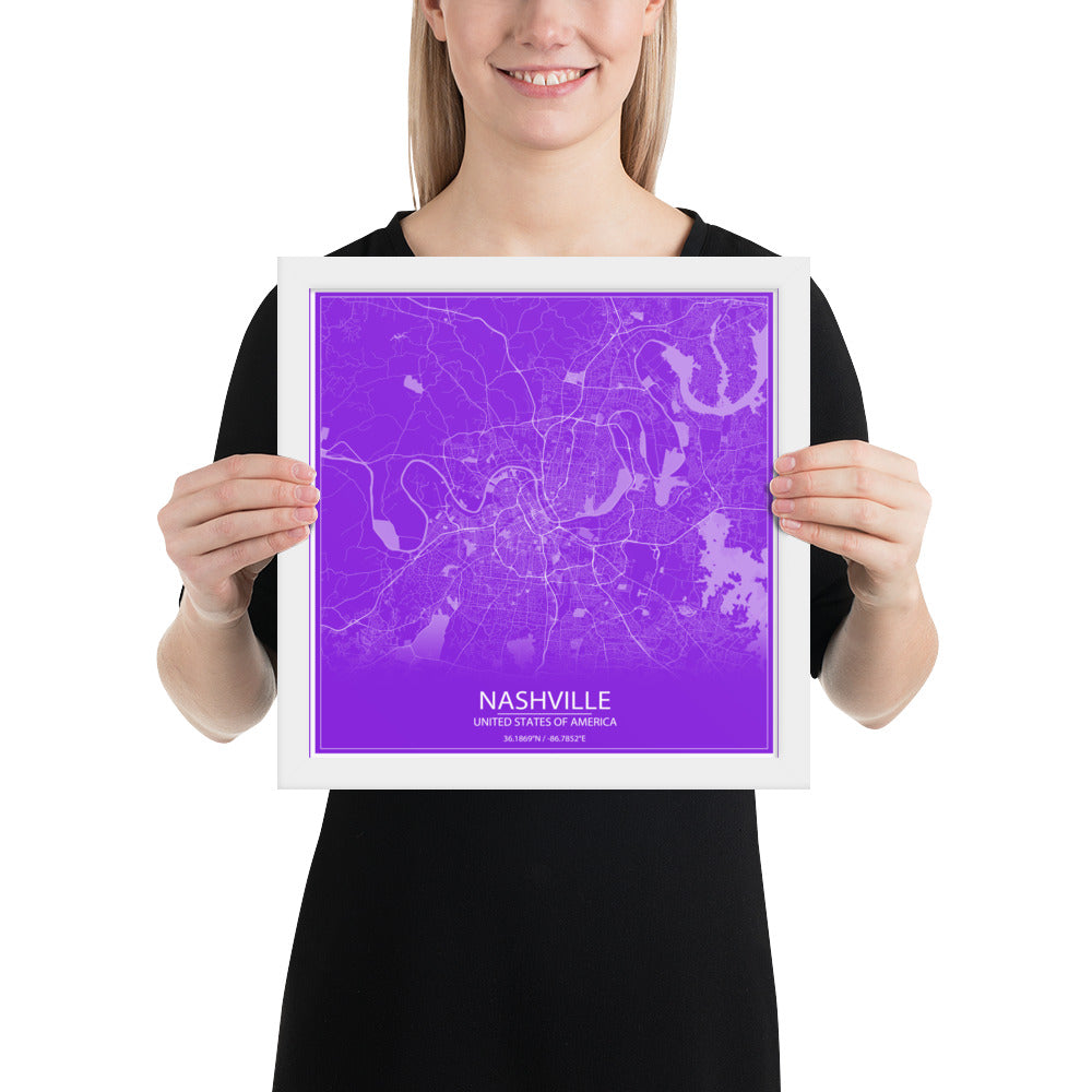 Nashville Purple and White Framed Map