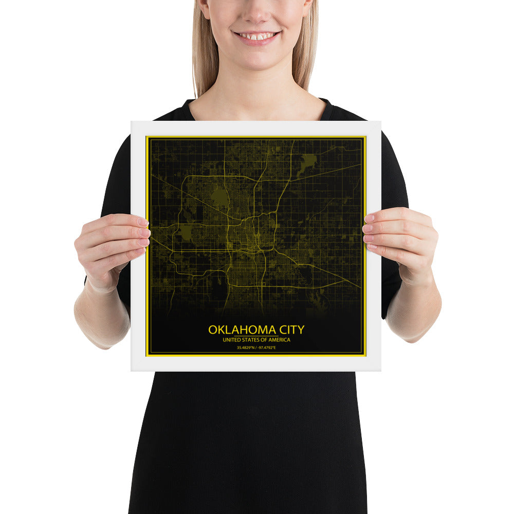 Oklahoma City Black and Yellow Framed Map