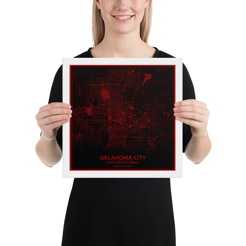 Oklahoma City Black and Red Framed Map