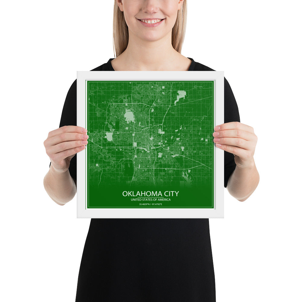 Oklahoma City Green and White Framed Map