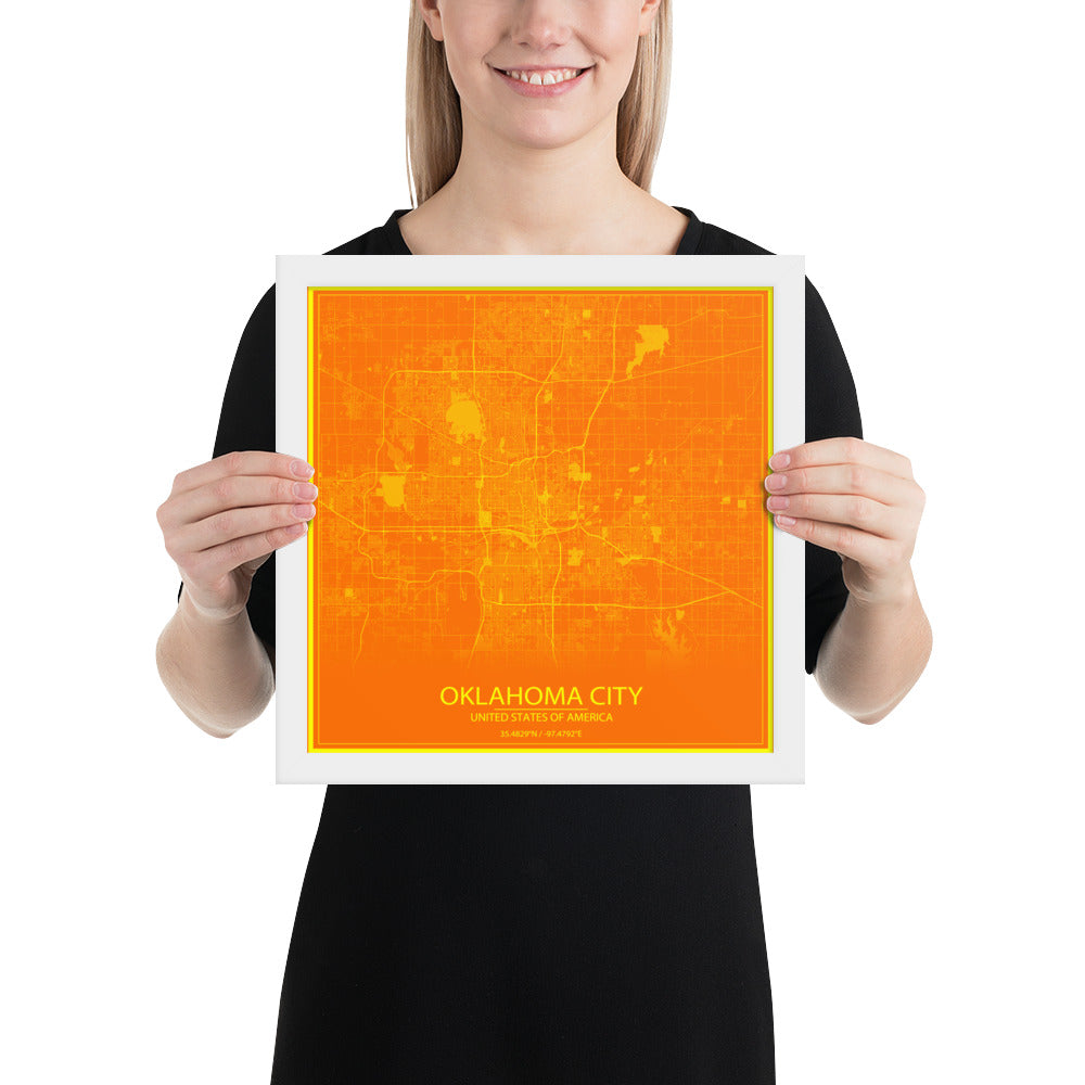 Oklahoma City Orange and Yellow Framed Map