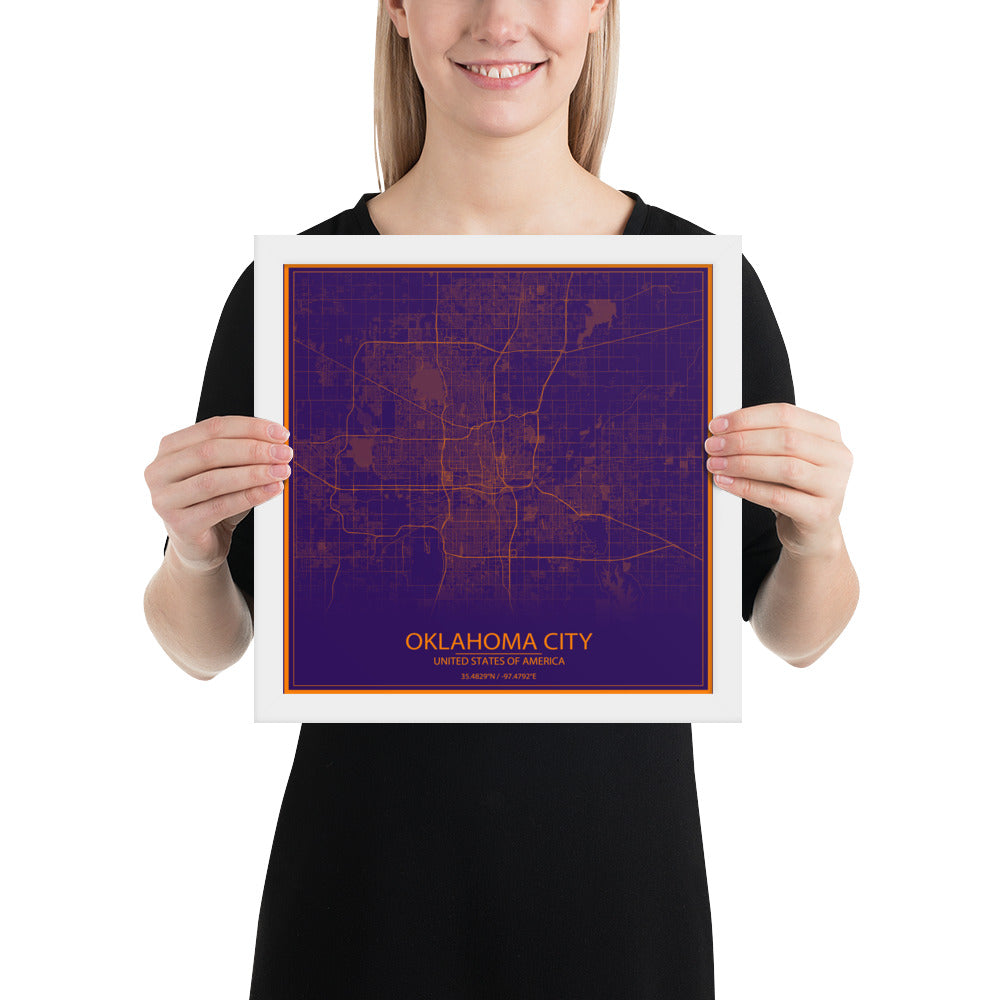 Oklahoma City Purple and Orange Framed Map