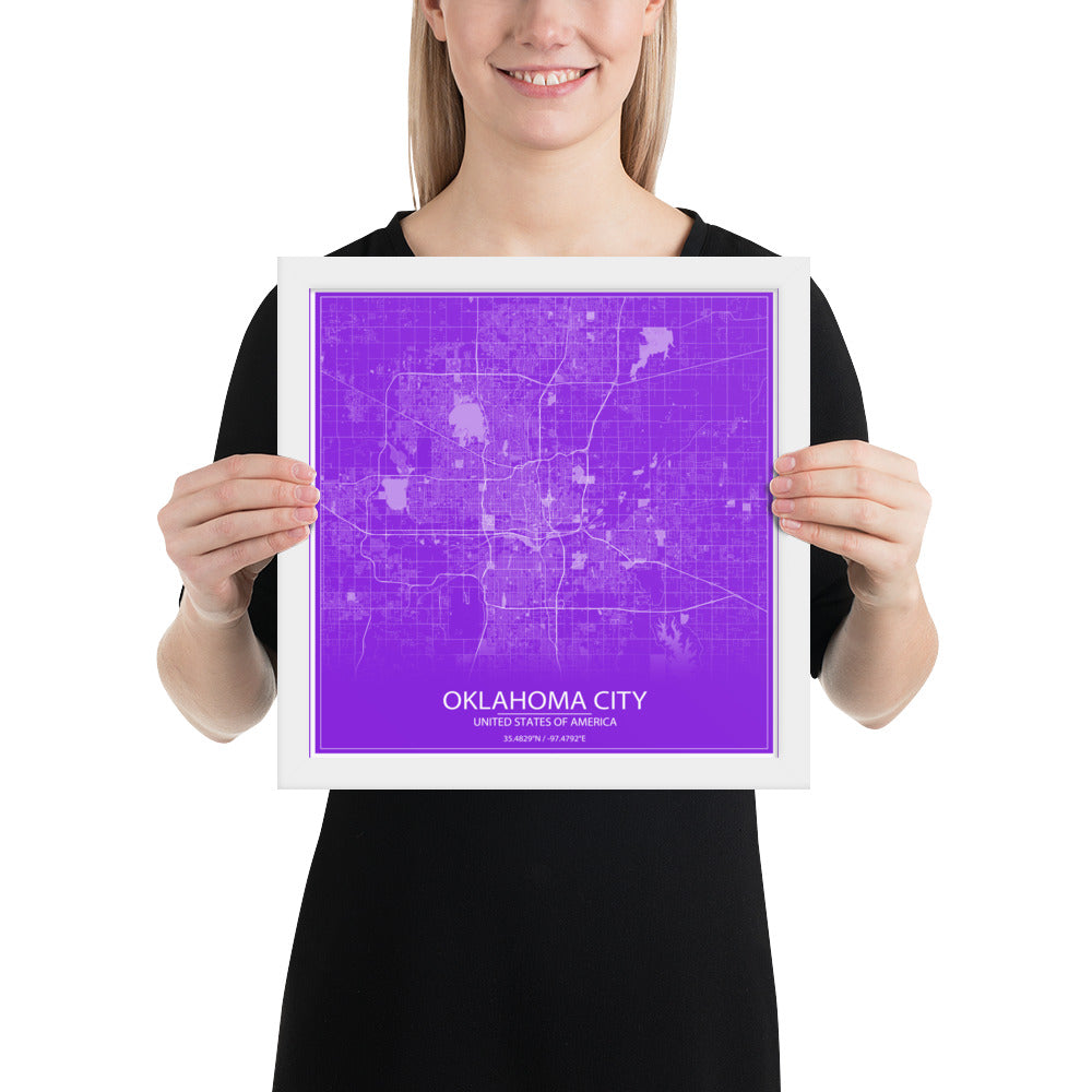 Oklahoma City Purple and White Framed Map