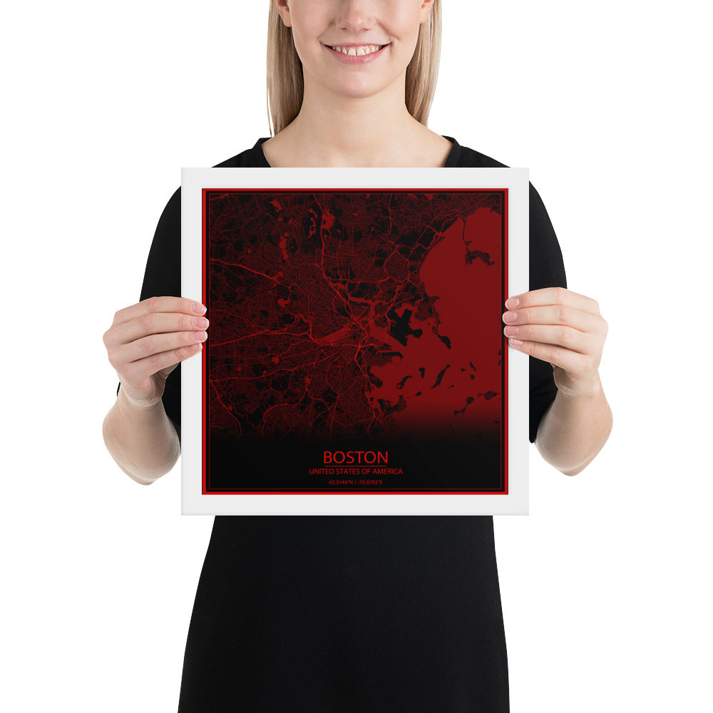 Boston Black and Red Framed Map