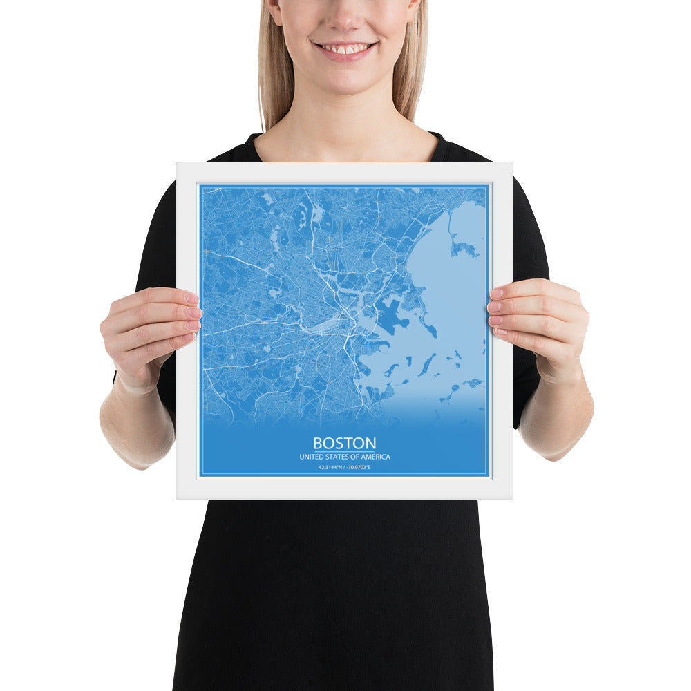 Boston Blue and White Framed Map