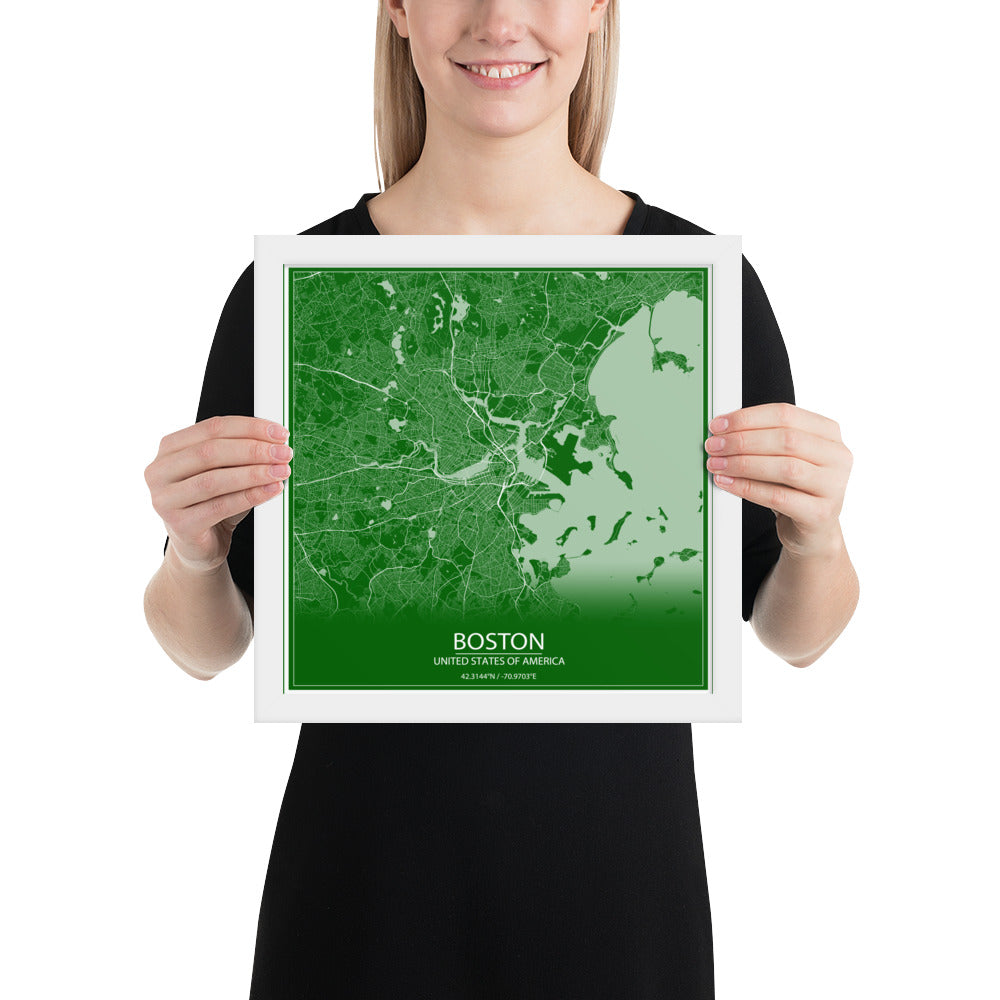 Boston Green and White Framed Map