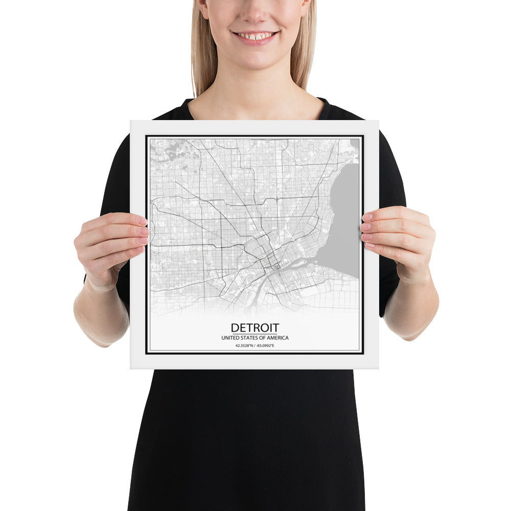 Detroit White Framed Map