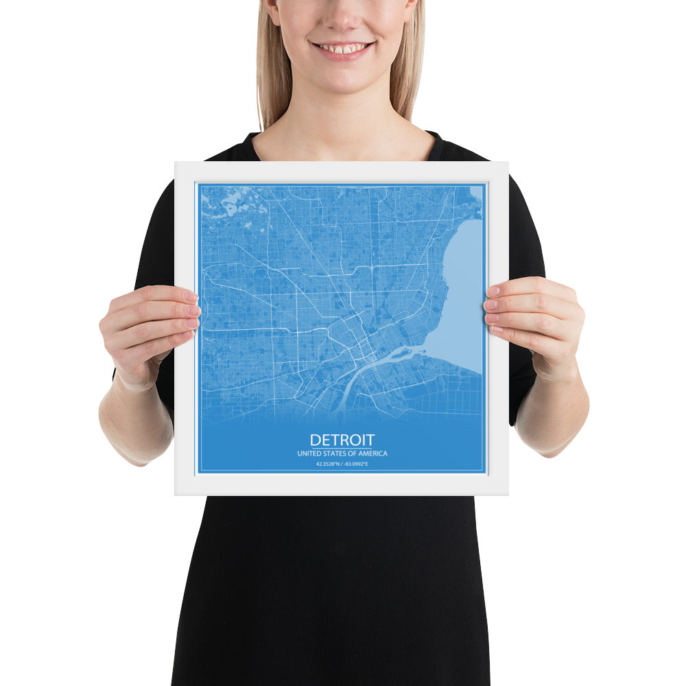 Detroit Blue and White Framed Map