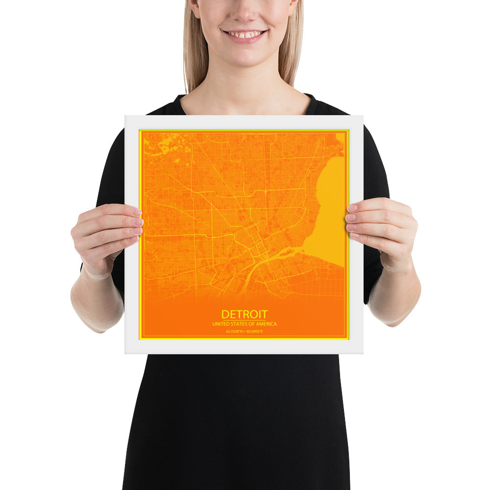 Detroit Orange and Yellow Framed Map