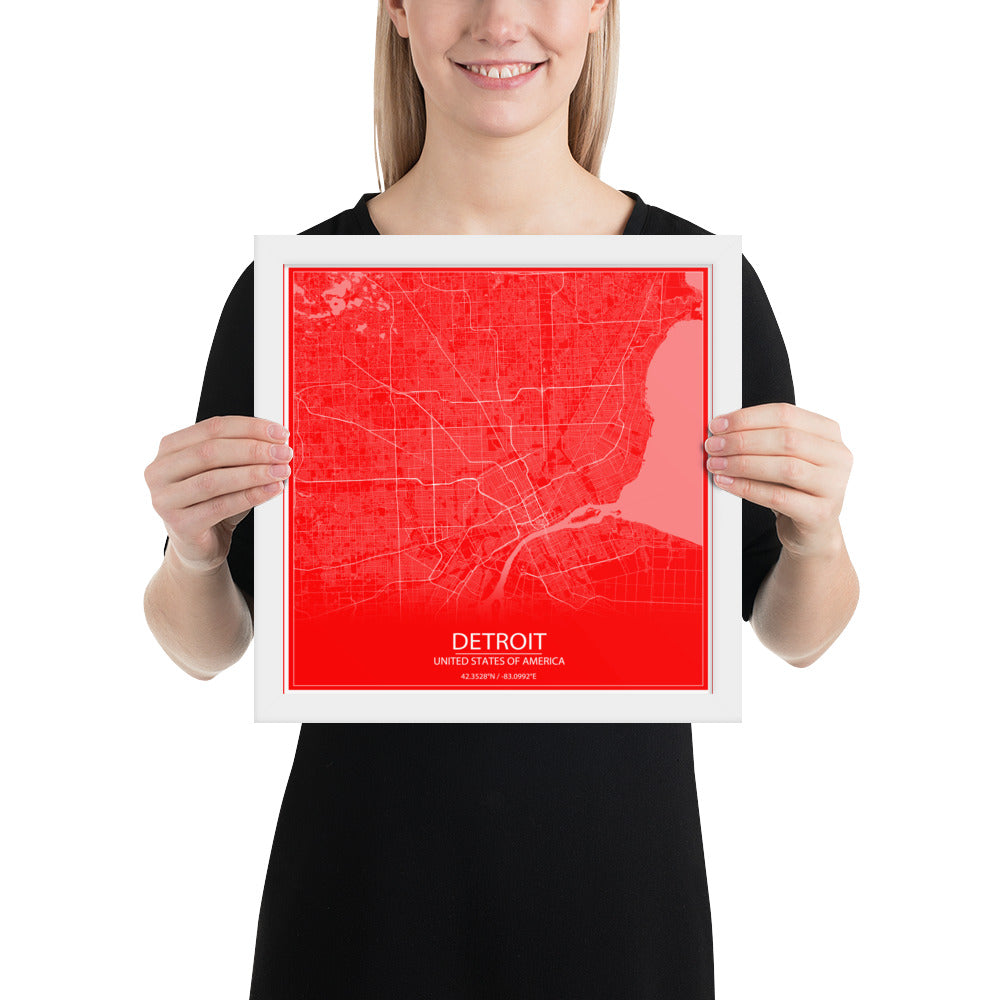 Detroit Red and White Framed Map