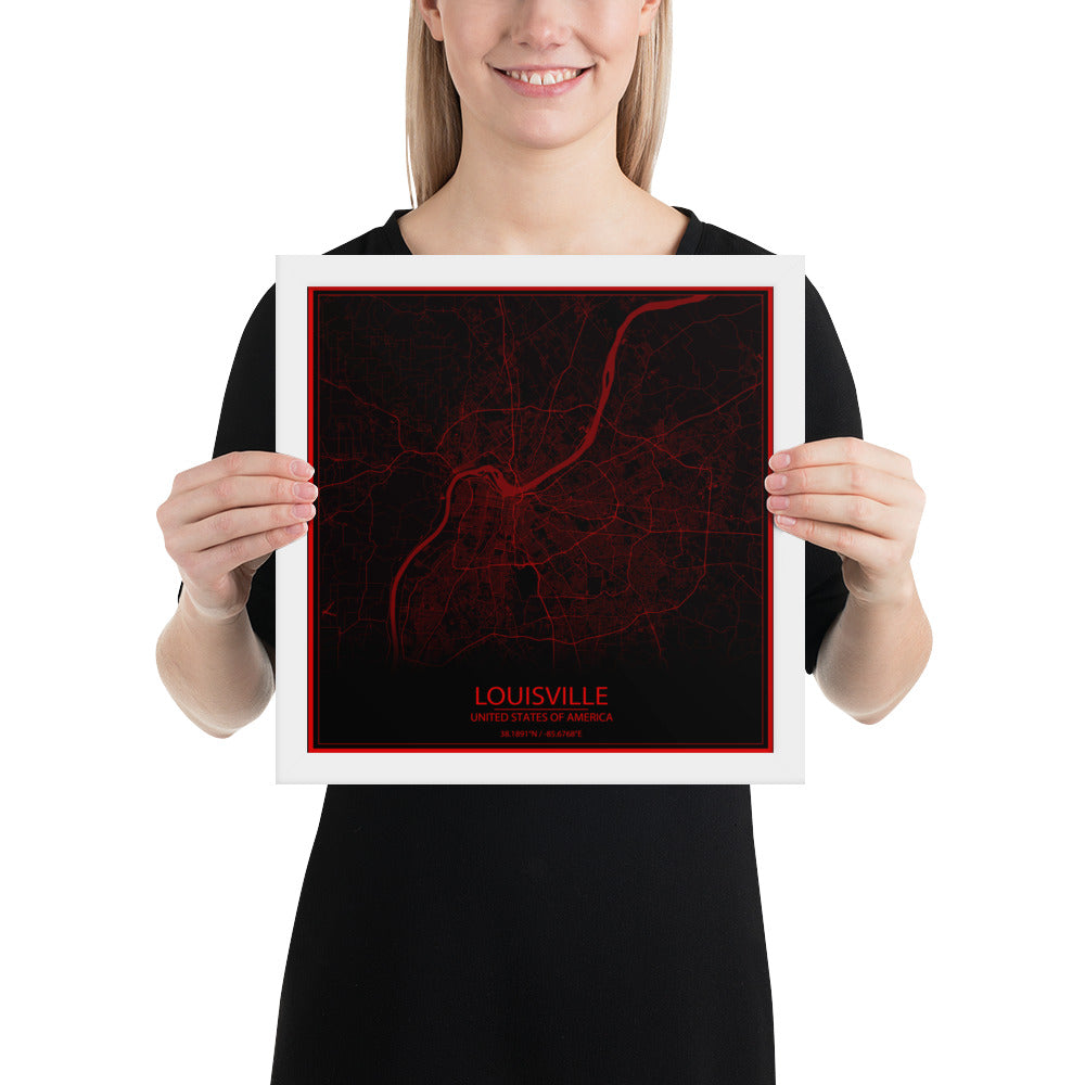 Louisville Black and Red Framed Map