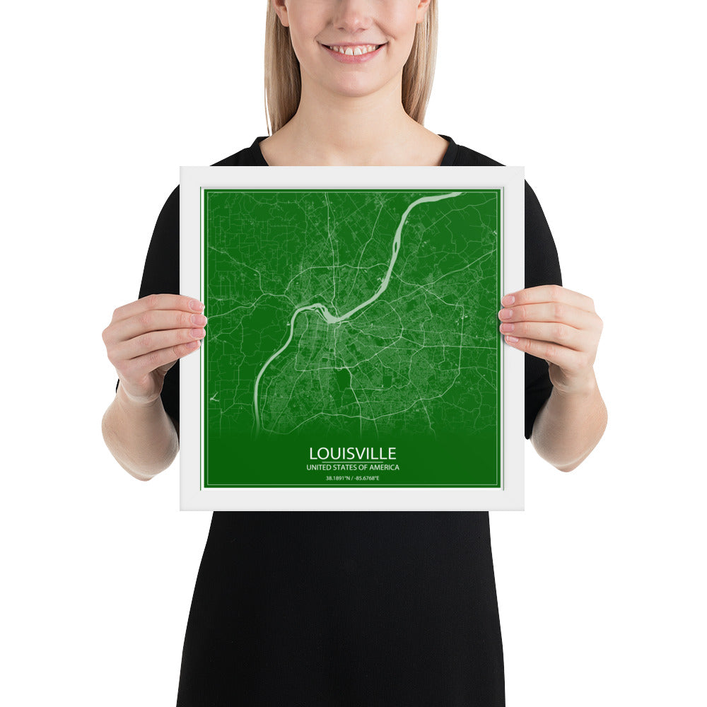 Louisville Green and White Framed Map