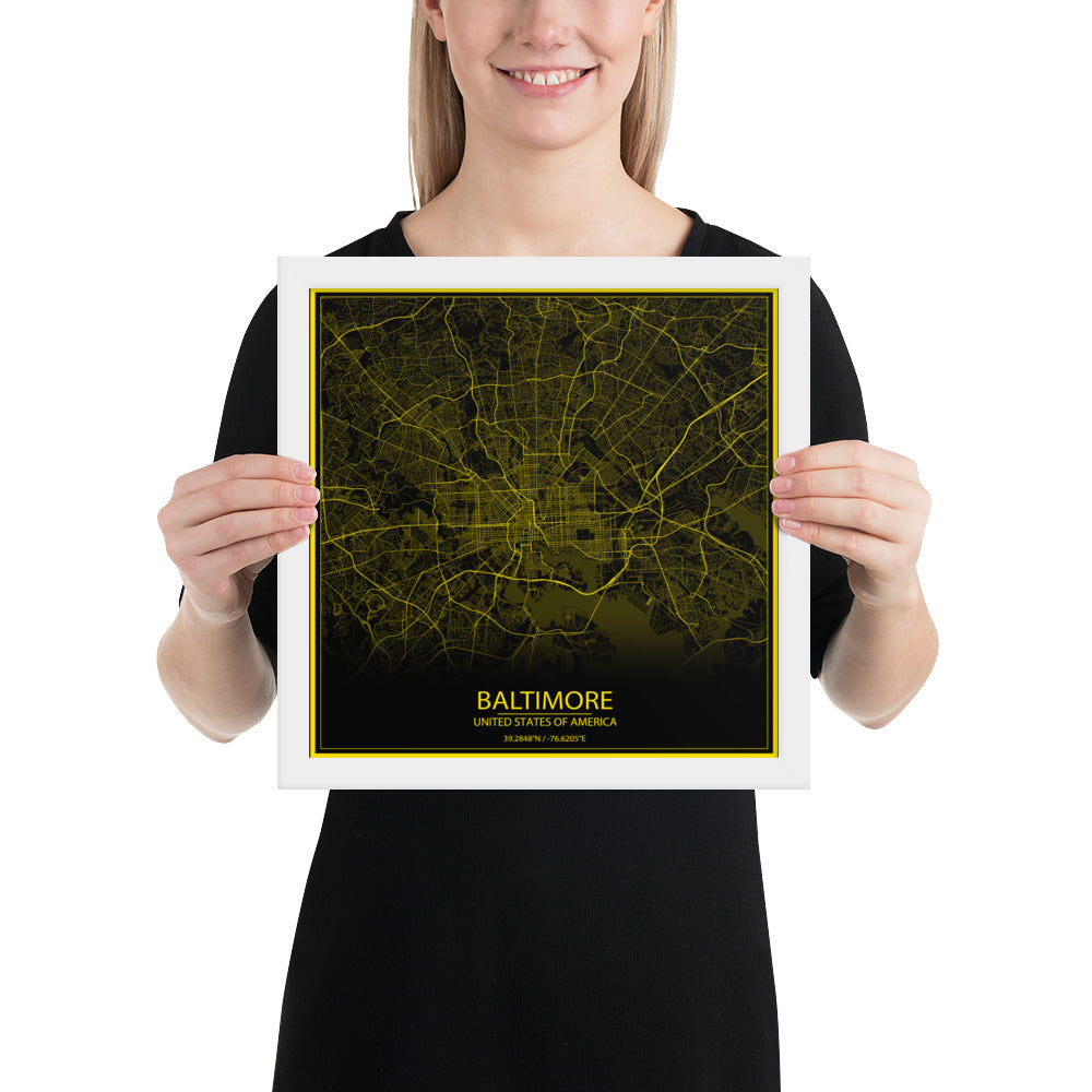 Baltimore Black and Yellow Framed Map