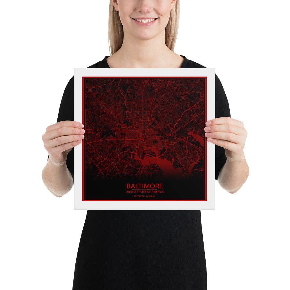 Baltimore Black and Red Framed Map