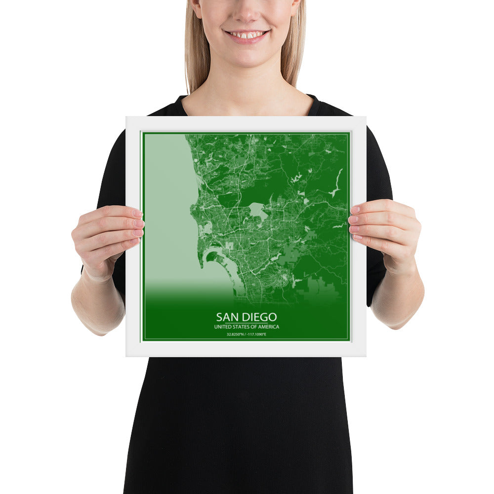 San Diego Green and White Framed Map