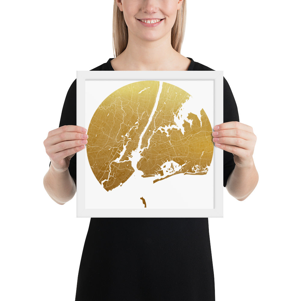 New York Gold on White Framed Map