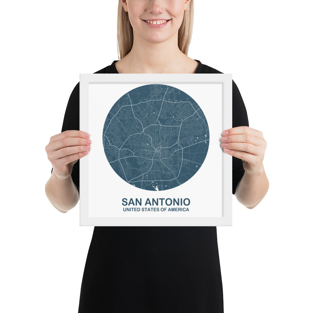 San Antonio Circular Blue Framed Map