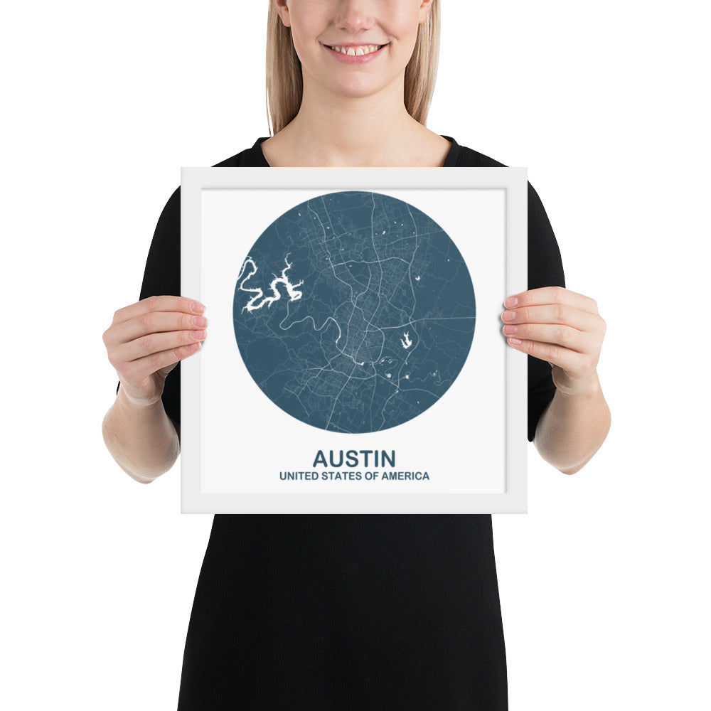 Austin Circular Blue Framed Map