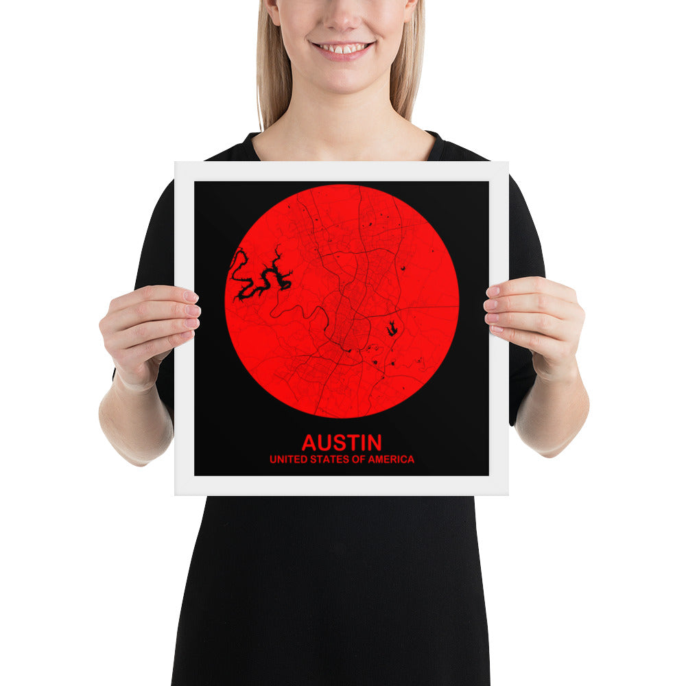 Austin Circular Red Framed Map