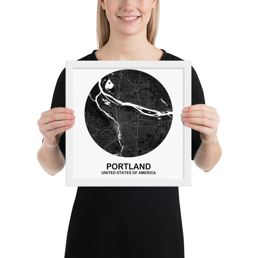 Portland Circular Black Framed Map