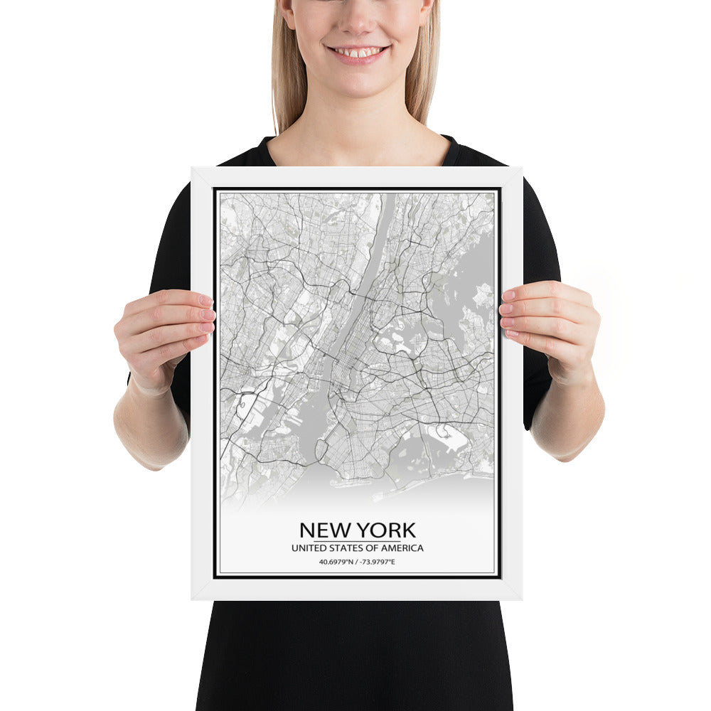 New York White Framed Map