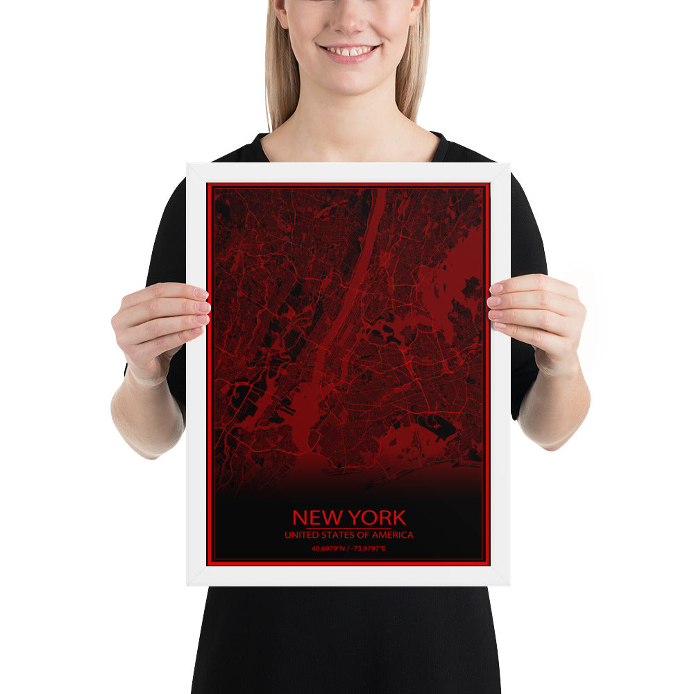 New York Black and Red Framed Map