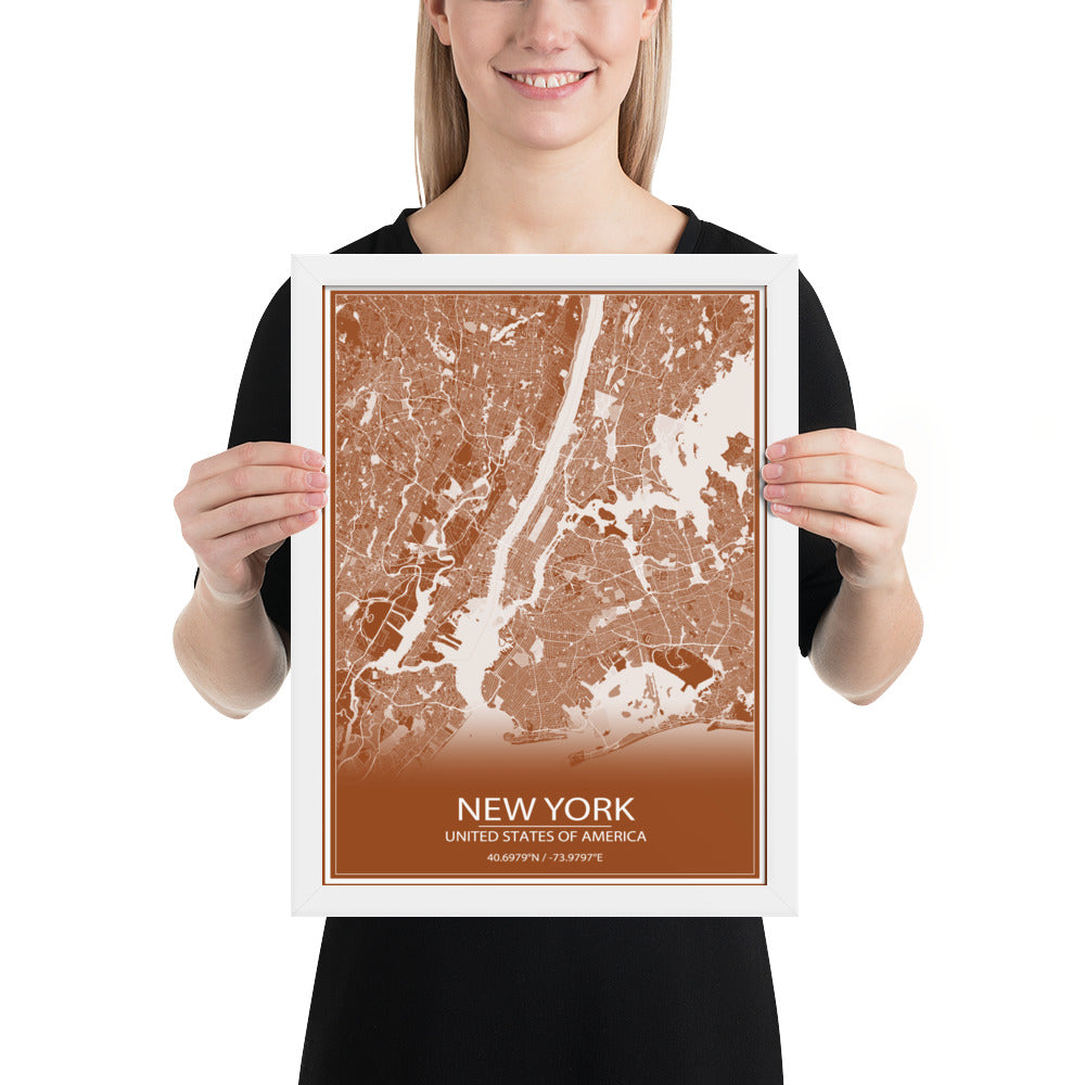 New York Brown and White Framed Map