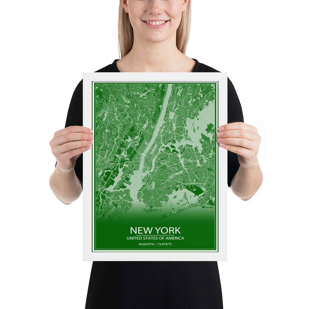 New York Green and White Framed Map