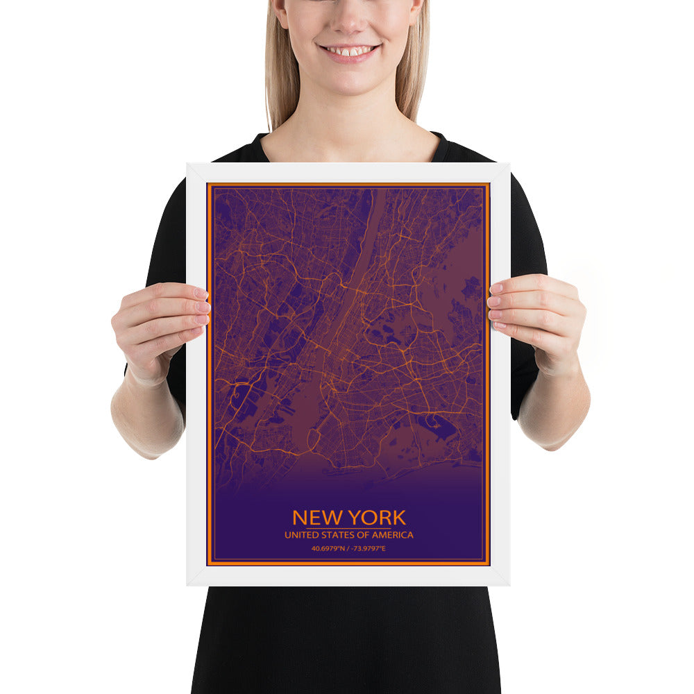 New York Purple and Orange Framed Map